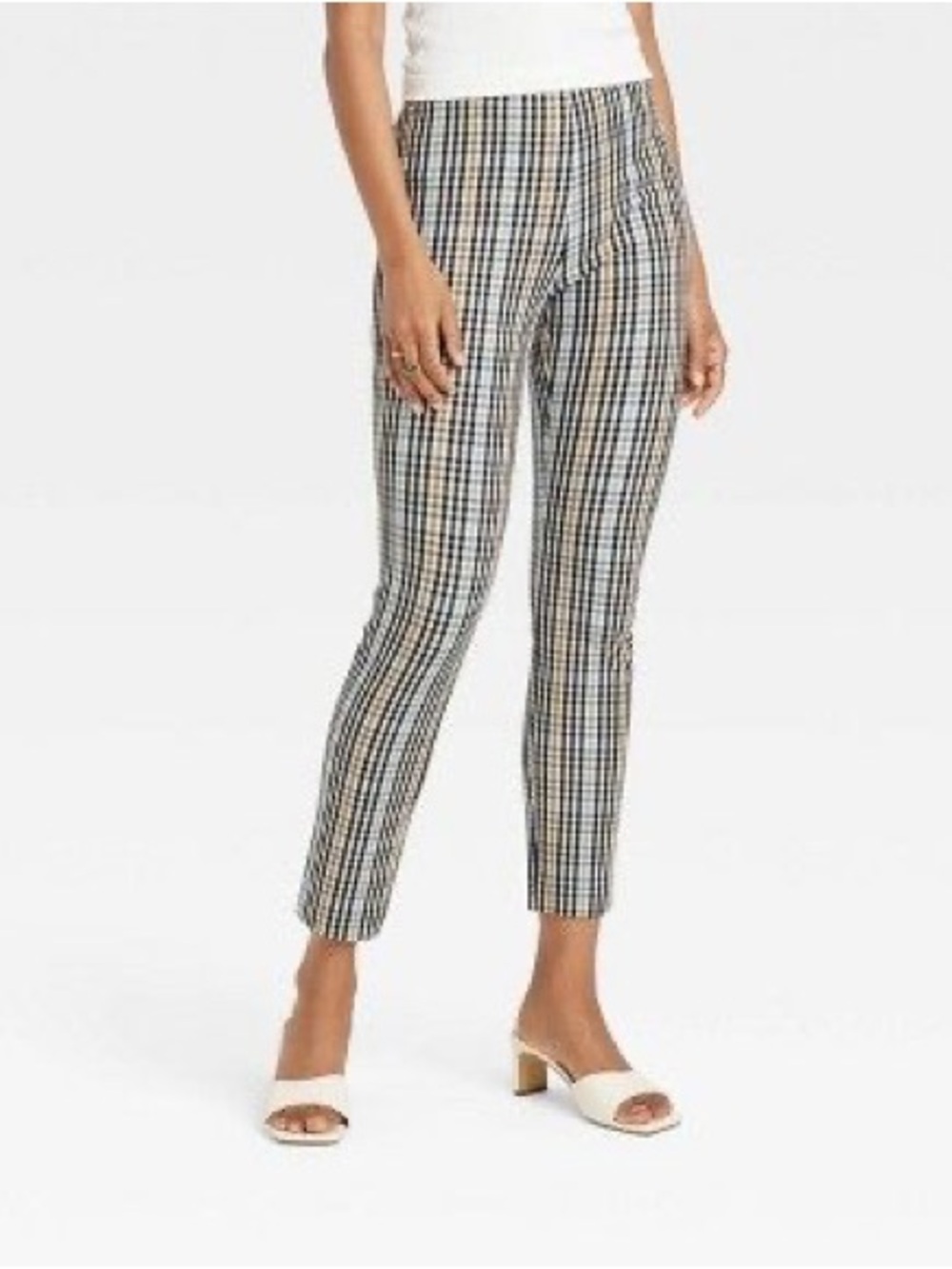 a new day Fall Checked Stretch Ankle Pants, Black/White/Blue/Tan, Size 14